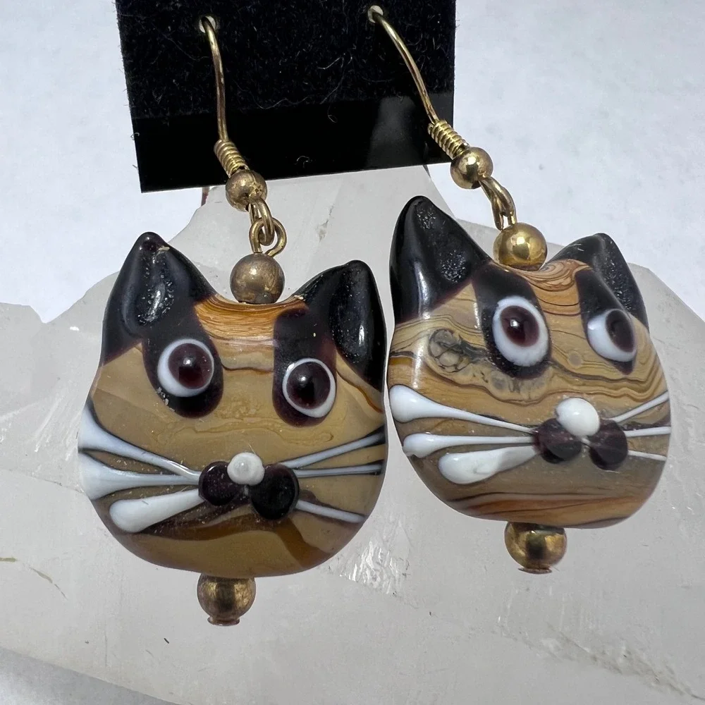 Artisan Lampwork Glass Siamese‎ Cat Earrings Brown Tan Swirl Whimsical Novelty